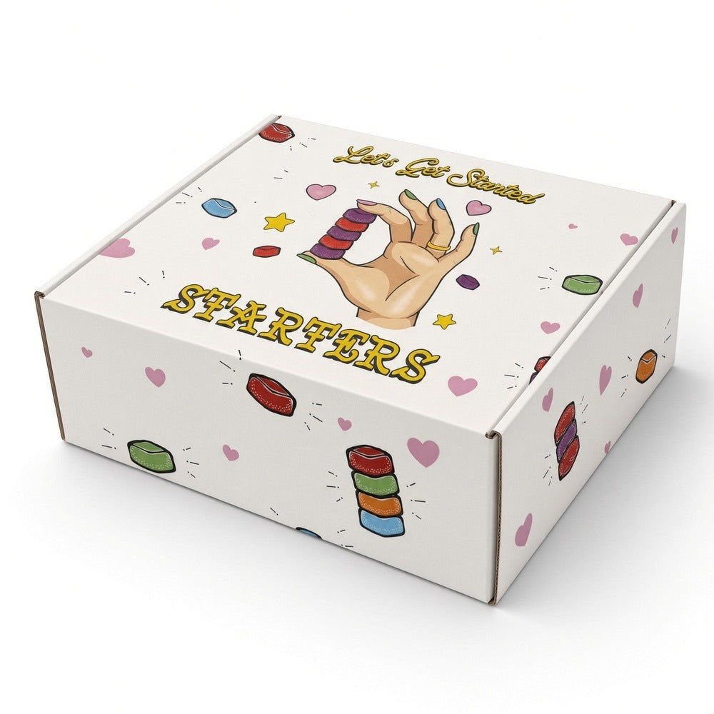 Starters Munchies Box, white mailer box with Let's Get Started hand and gummy print