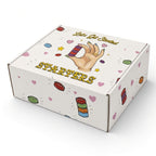 Starters Munchies Box, white mailer box with Let's Get Started hand and gummy print