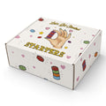 Starters Munchies Box, white mailer box with Let's Get Started hand and gummy print