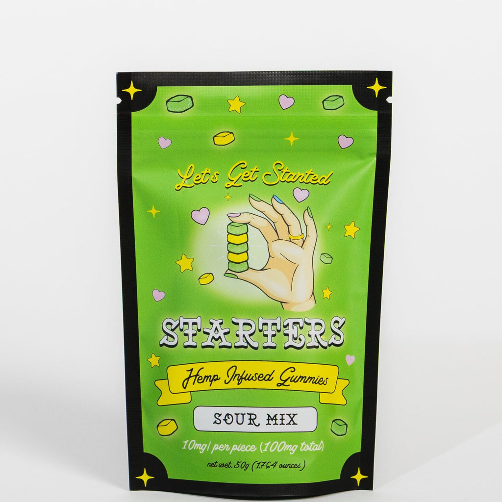 Starters Sour Mix hemp-infused gummies bag, front