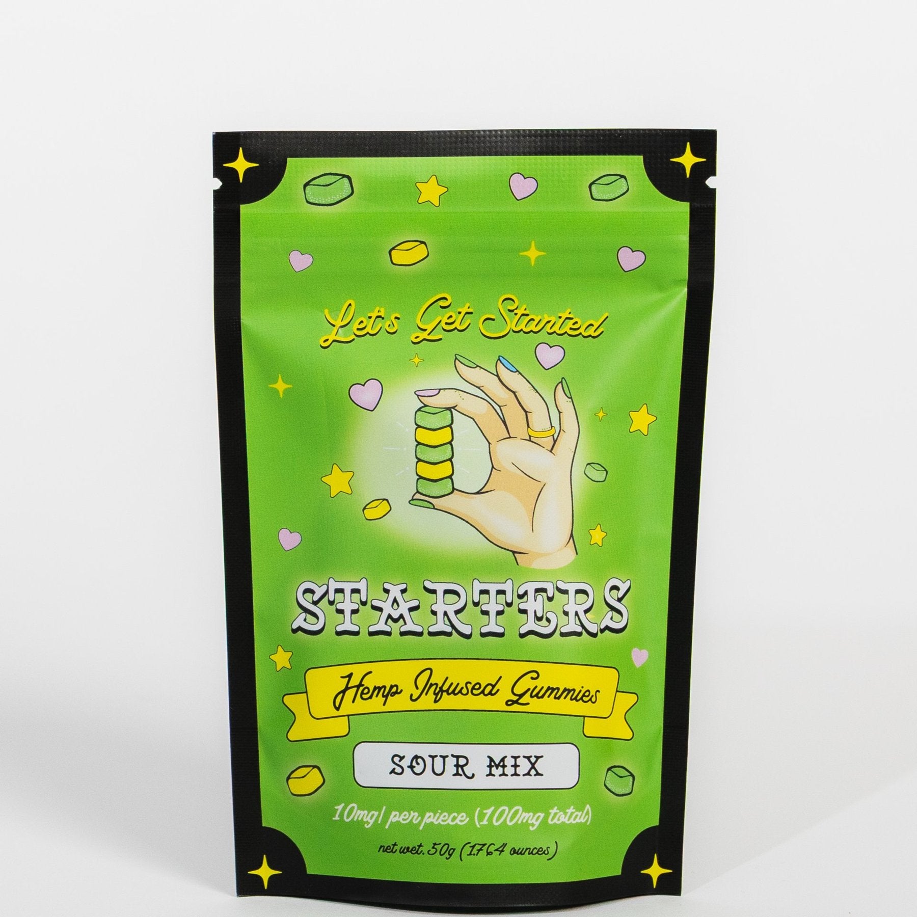 Starters Sour Mix hemp-infused gummies bag, front