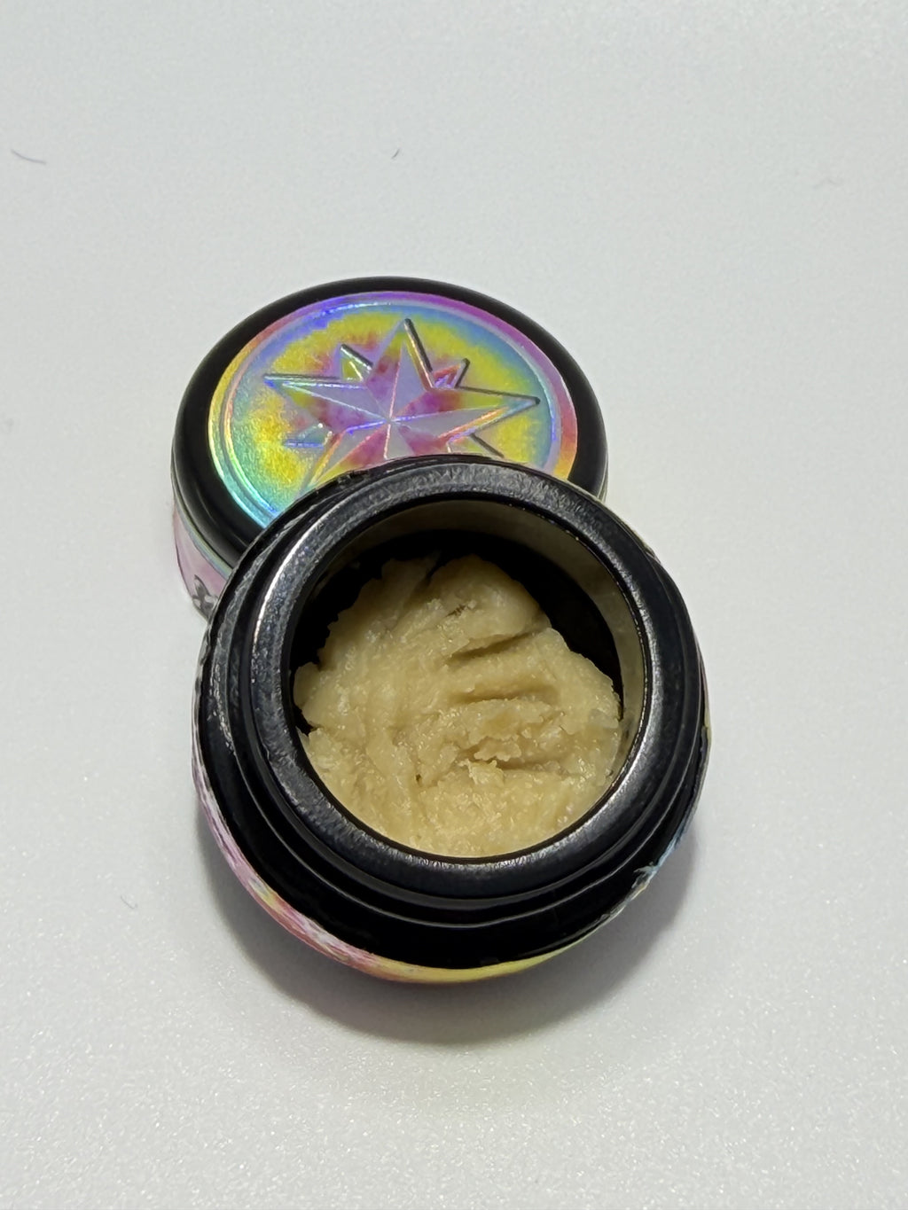 Starters Hash Rainbow Guava open jar with holographic rainbow star lid