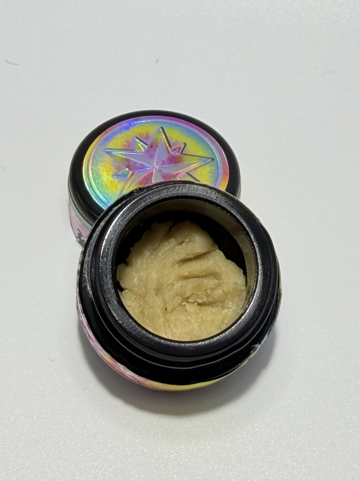 Starters Hash Rainbow Guava open jar with holographic rainbow star lid
