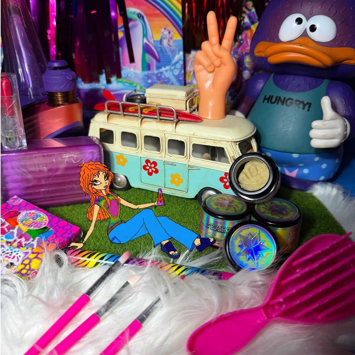 Starters Hash jars styled with VW bus, Hungry duck and Starters girl illustration