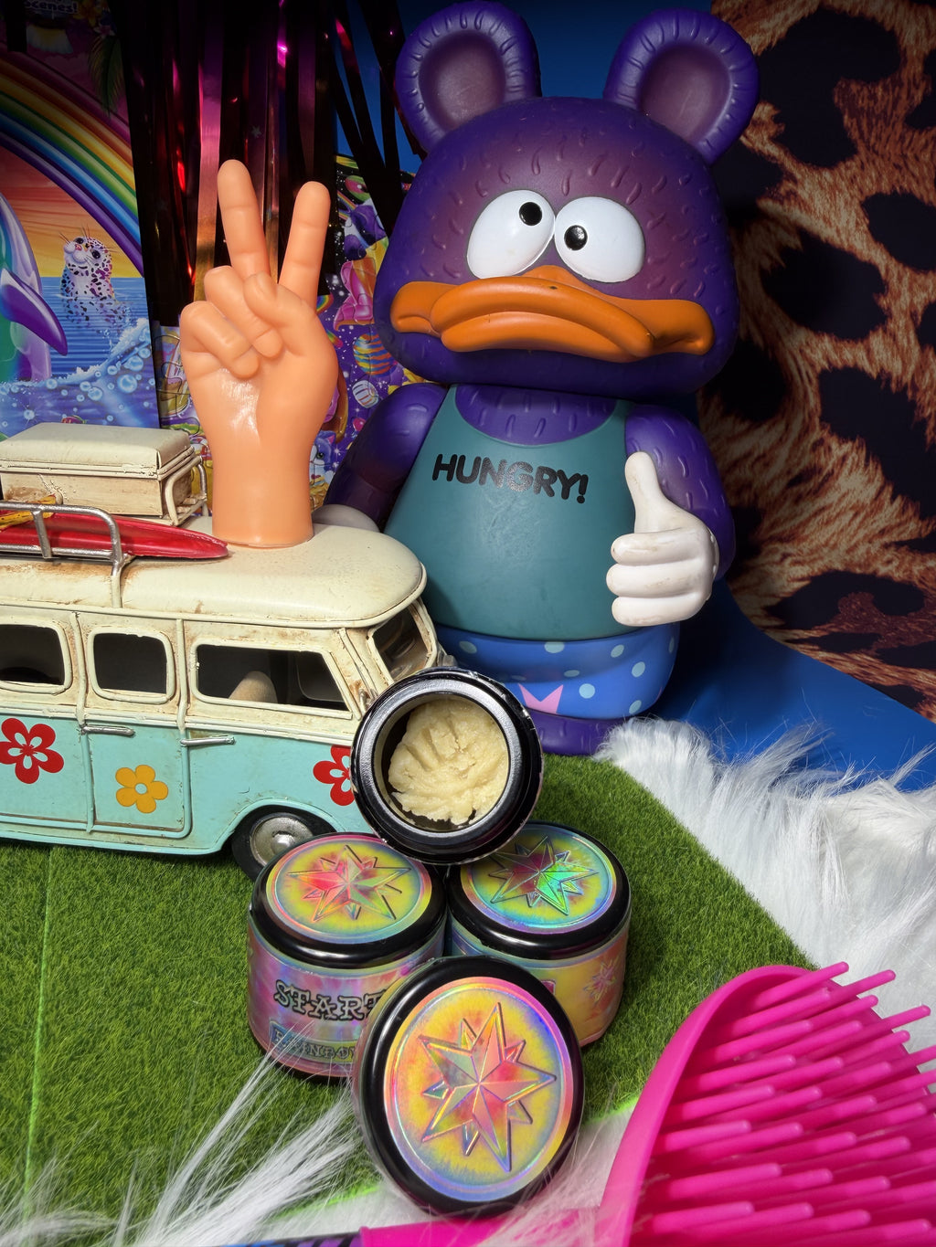 Starters Hash jars styled with toys and fur