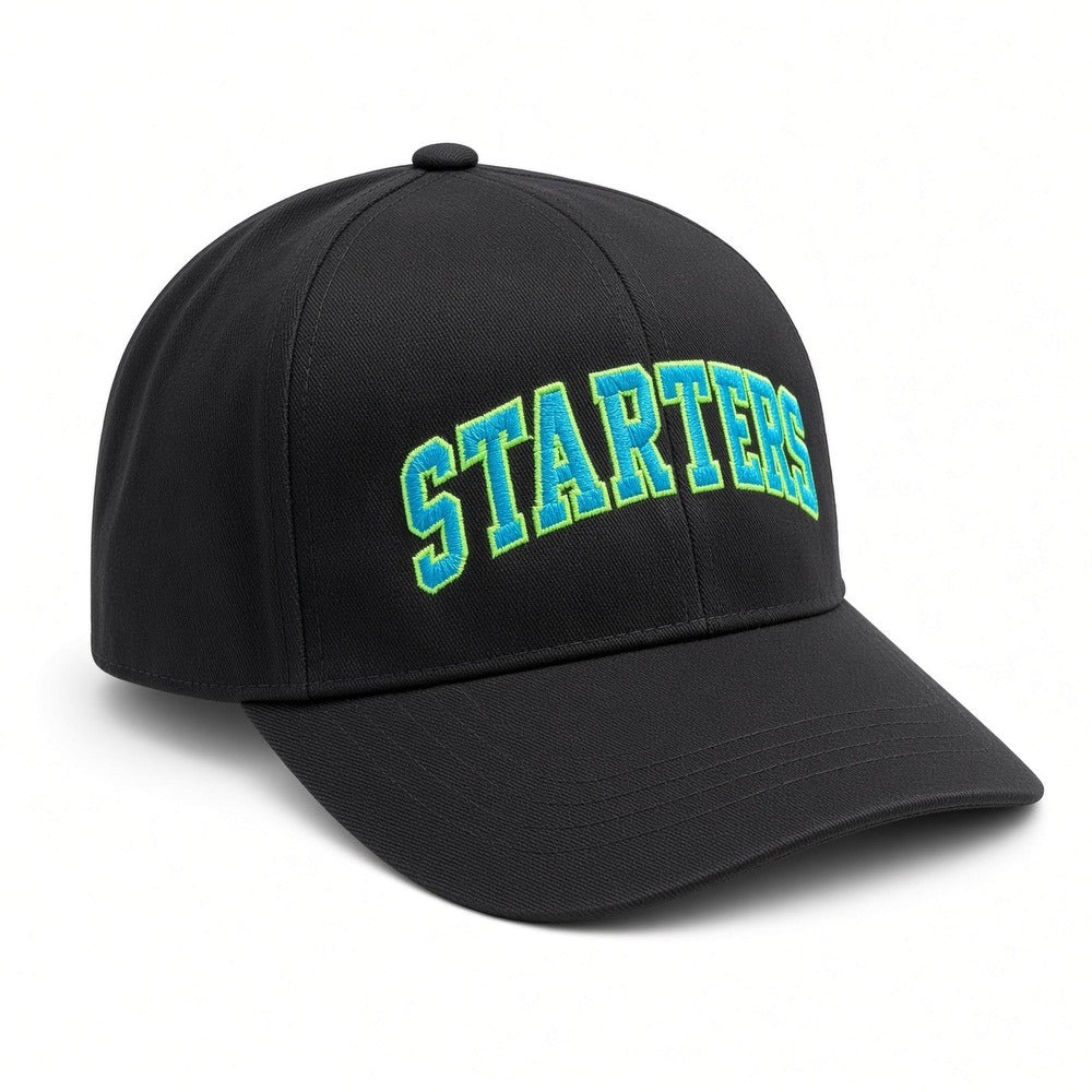 Starters black snapback, angled view