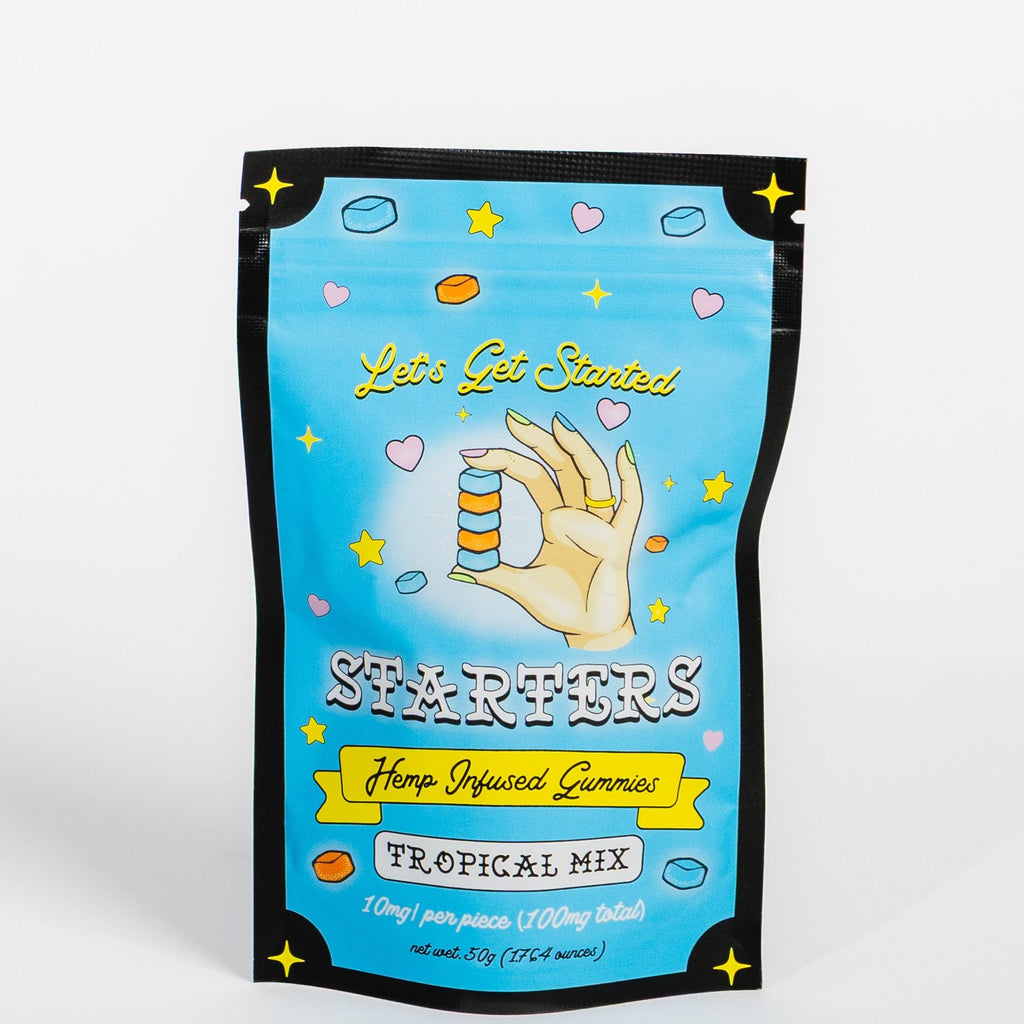 Starters Tropical Mix hemp-infused gummies bag, front