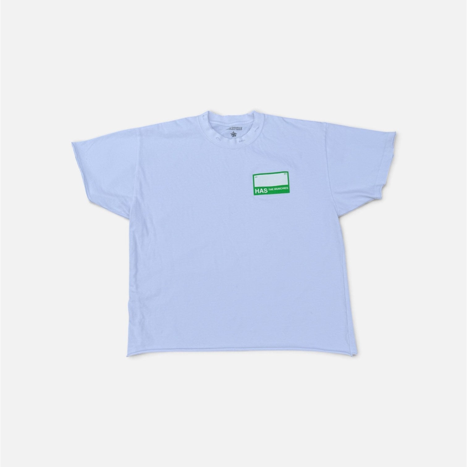 White Name Tag Tee, front with green name tag patch